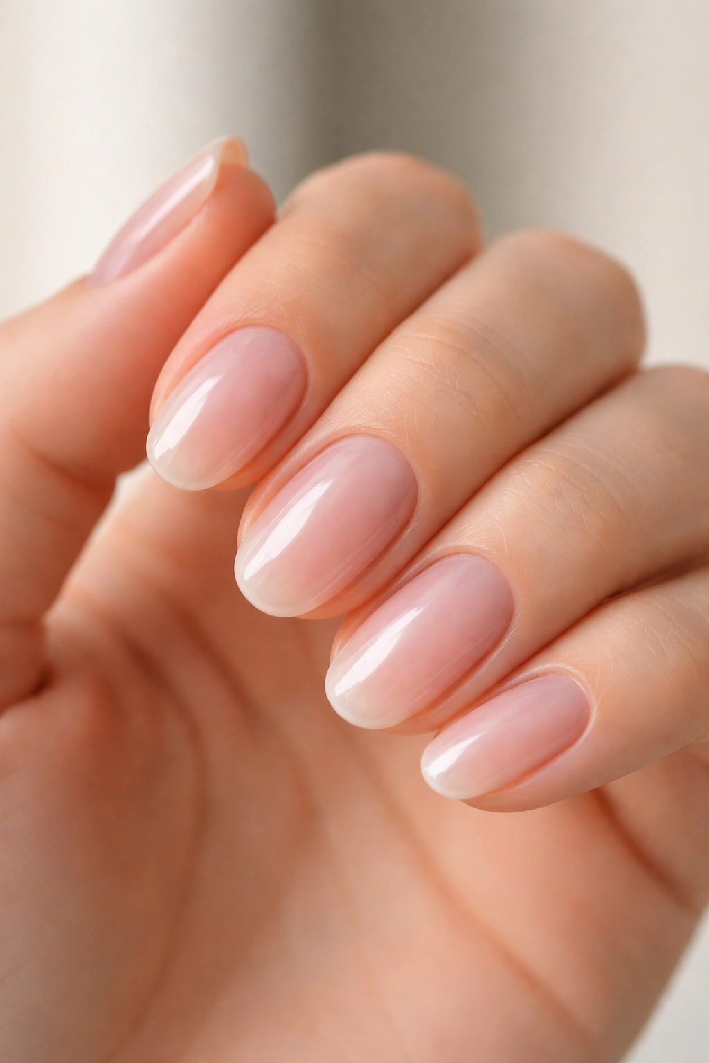 Close-up of ultra-clean clear oval nails with glassy shine