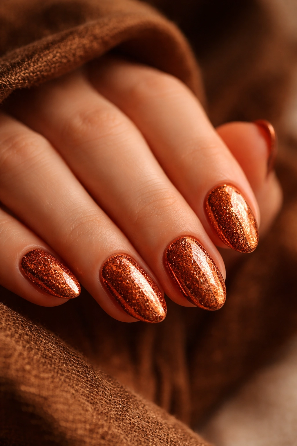 Close-up of copper glitter on short almond nails with warm lighting
