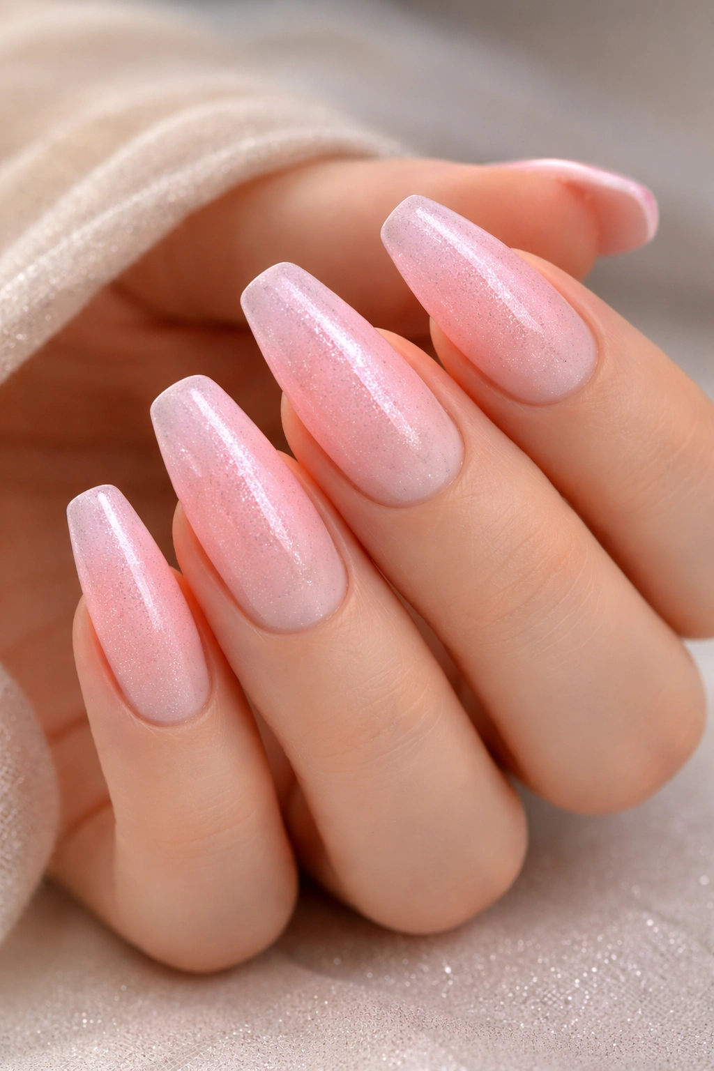Cotton-candy pink nails with fine silver-pink shimmer veil