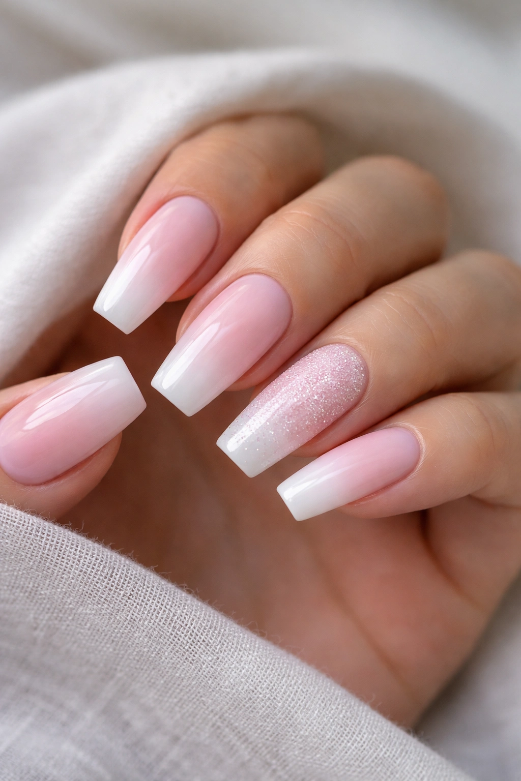 Close-up of cotton pink ombre nails with sugar texture on ring fingers