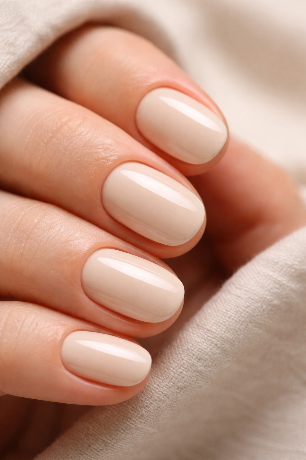 Close-up of creamy oatmeal short oval nails with a soft glossy finish.