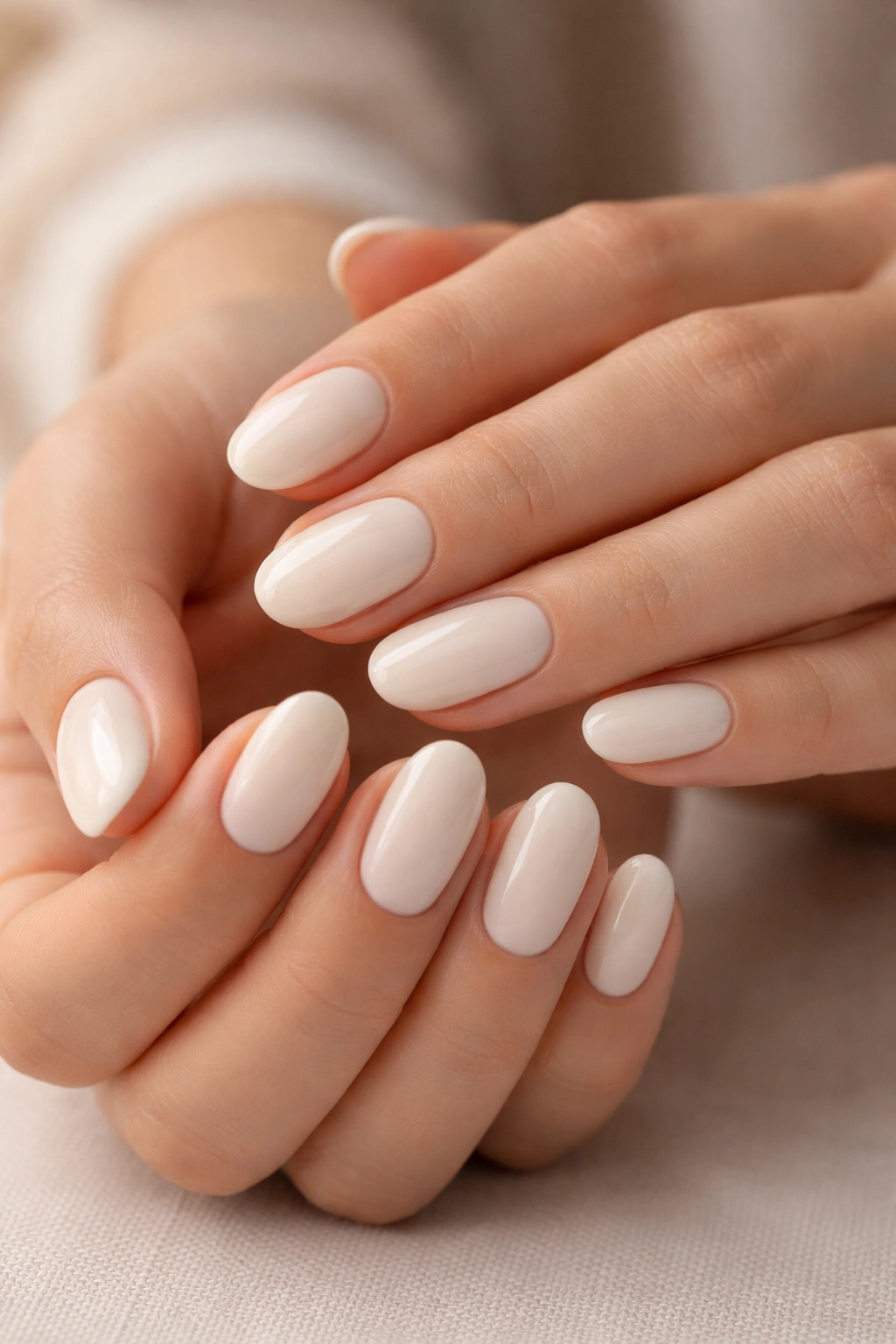 Close-up of creamy white short oval acrylic nails with glossy finish