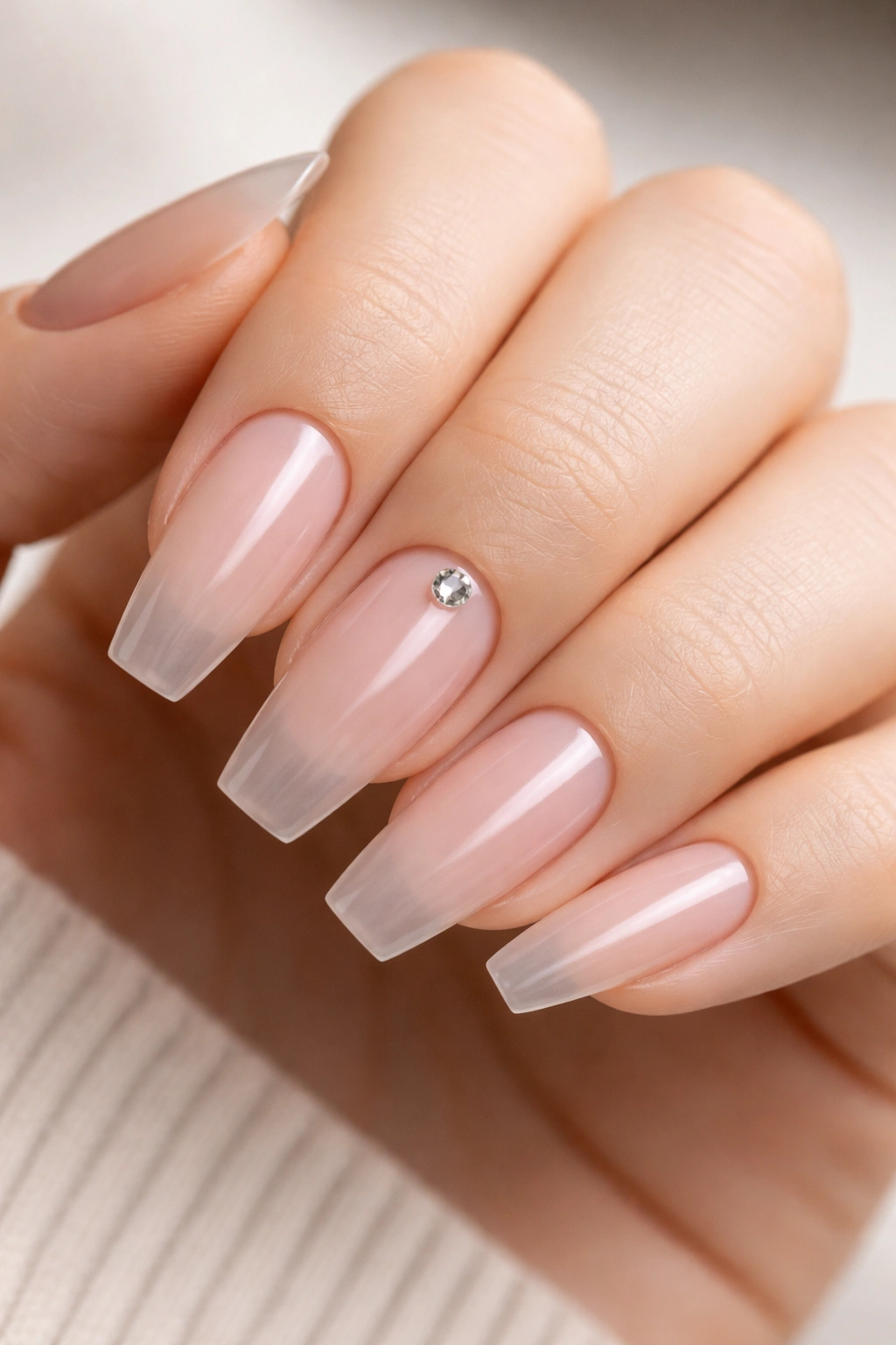 Close-up of a single crystal accent on a ring finger nail among clear ballerina nails.