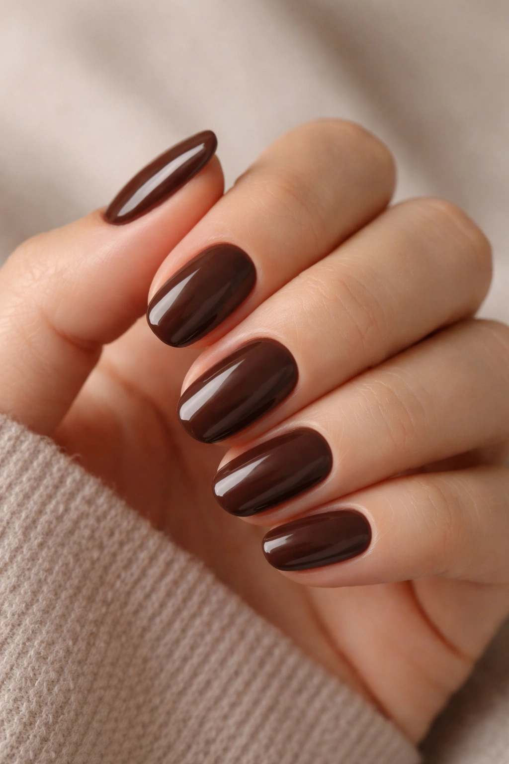 Deep mocha short oval nails with soft rounded edges