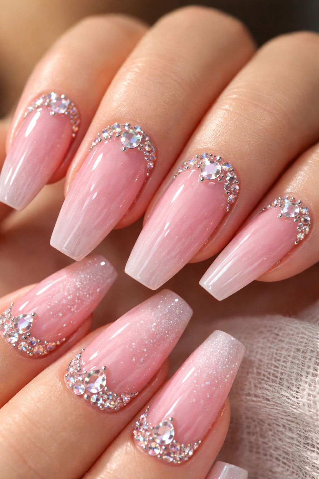 Nails with soft pink base and crystal clusters under glossy top coat.