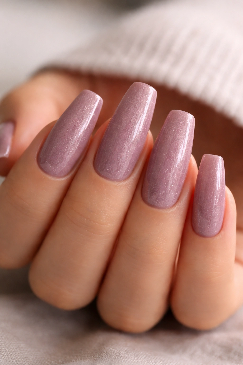 Close-up of dusty mauve ballerina nails with fine micro-shimmer in glossy finish