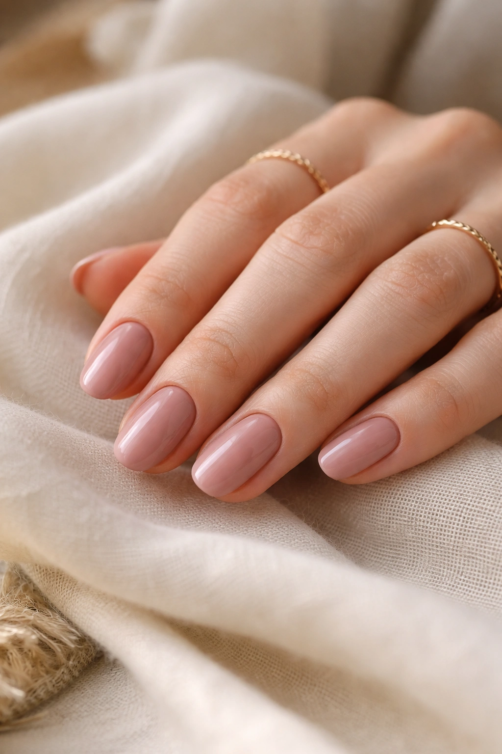 Close-up of dusty rose neutral short oval nails with soft pink tone