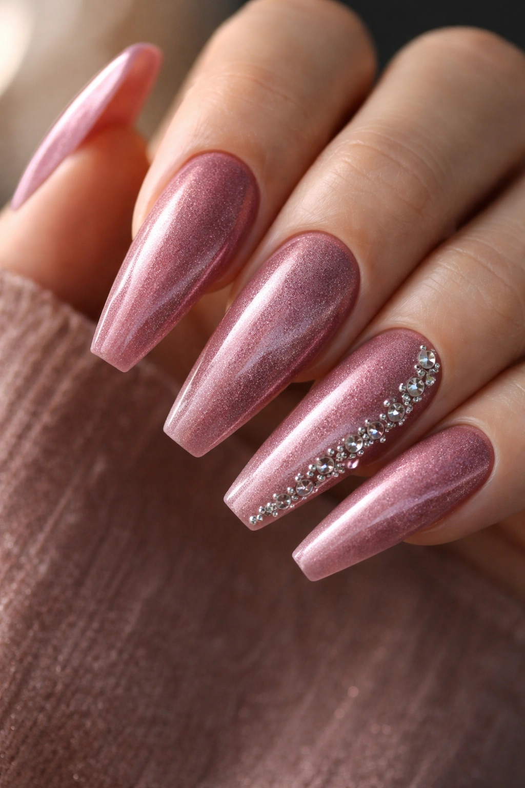 Dusty rose velvet nails with side-stone accents on a chic manicure.