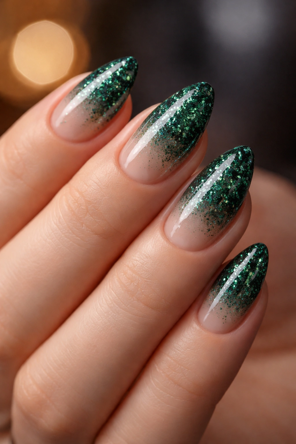 Close-up of emerald glitter on short almond nails