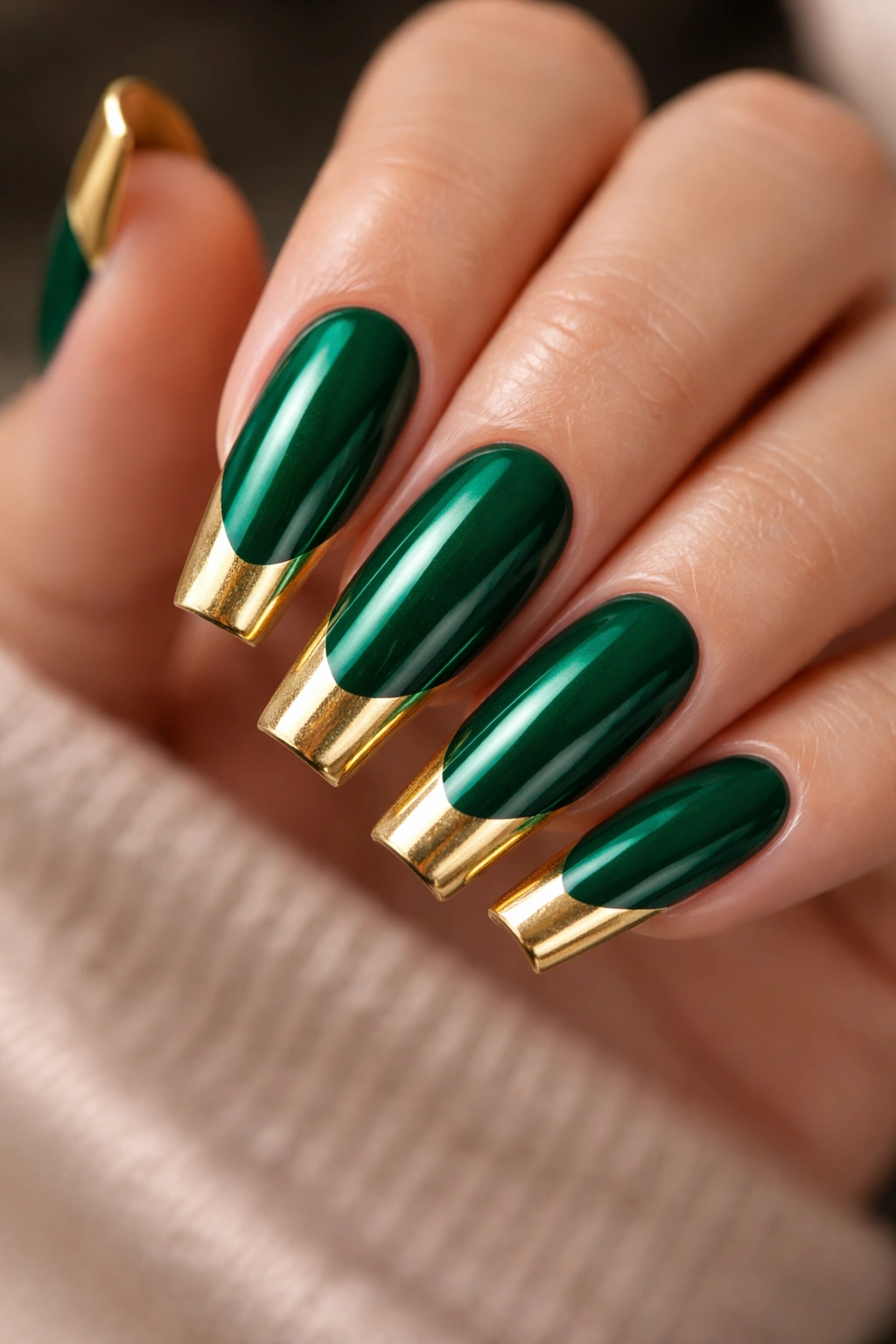 Coffin nails with emerald green base and gold tips