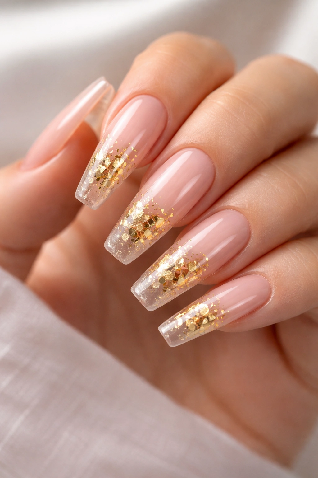 Nude ballerina nails with encapsulated gold foil in middle third