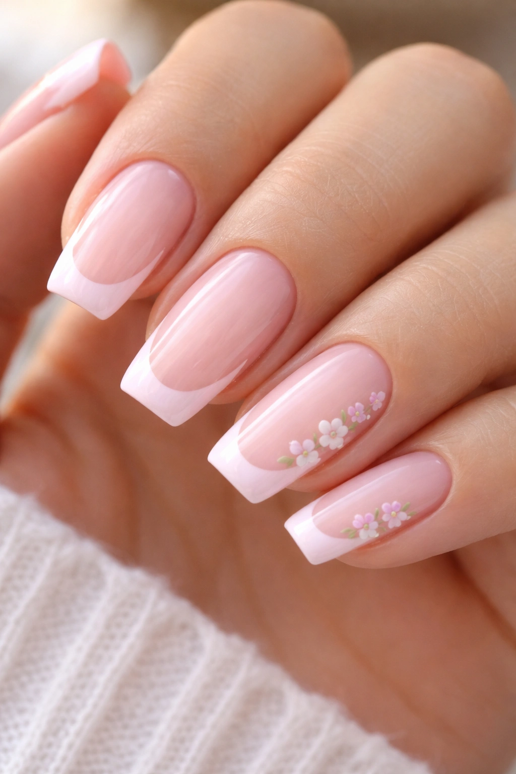 Pink French tips with tiny petal art on a few nails