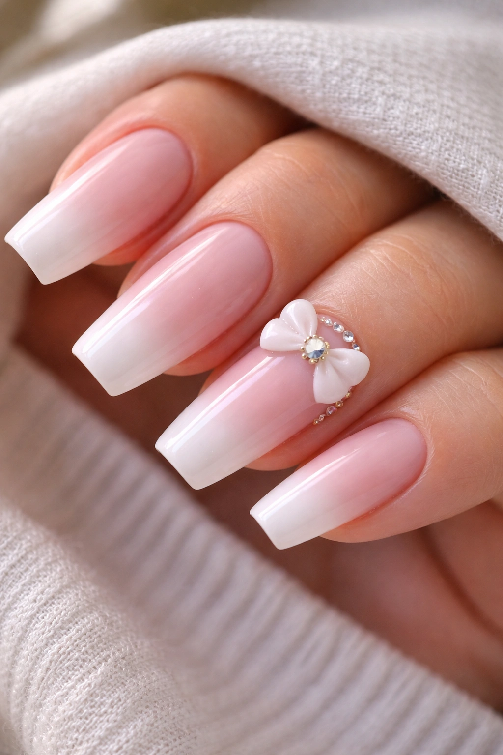 Close-up of French fade ballet nails with a small three-dimensional bow and crystals