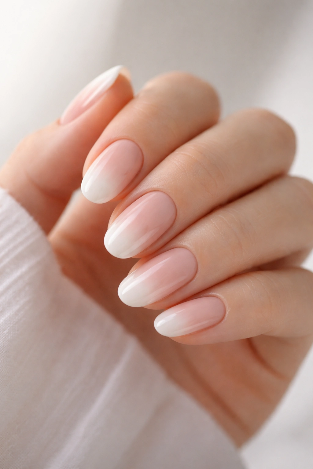 Short oval nails with soft white fade to nude base