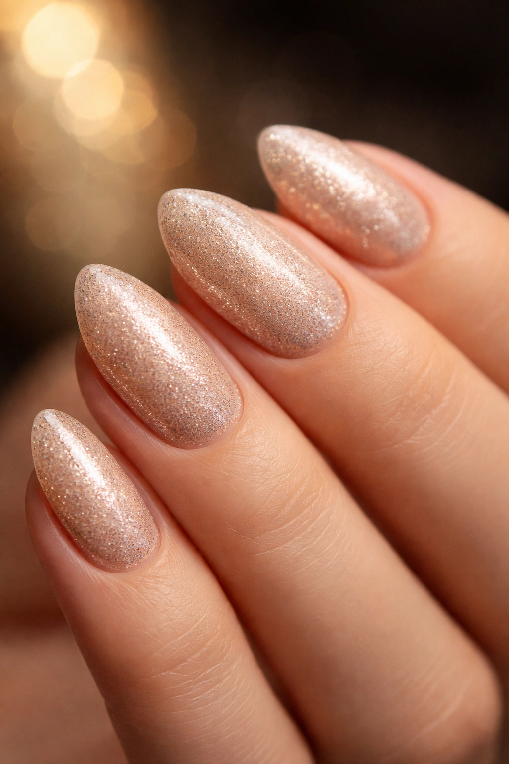 Close-up of glitter finish nails under soft lighting