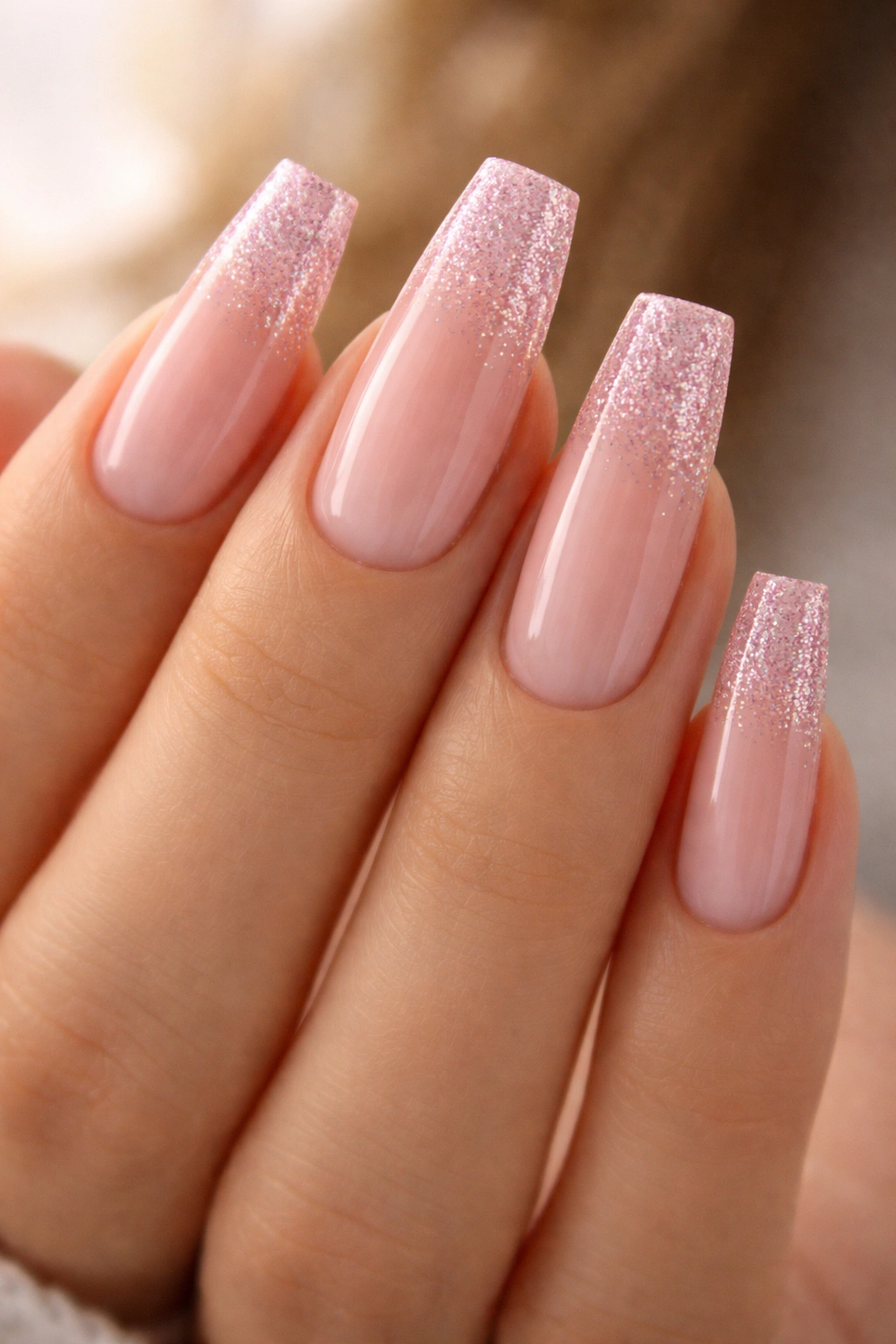 Close-up of glitter-dipped pink French tips with subtle shimmer