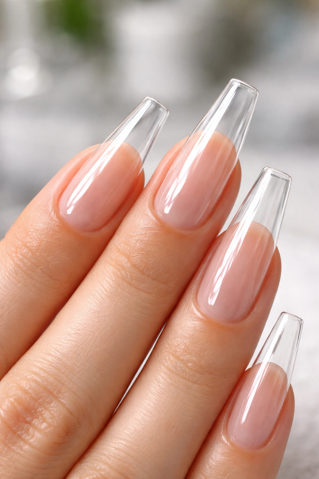 Close-up of glossy clear ballerina nails with high shine and no cloudiness.