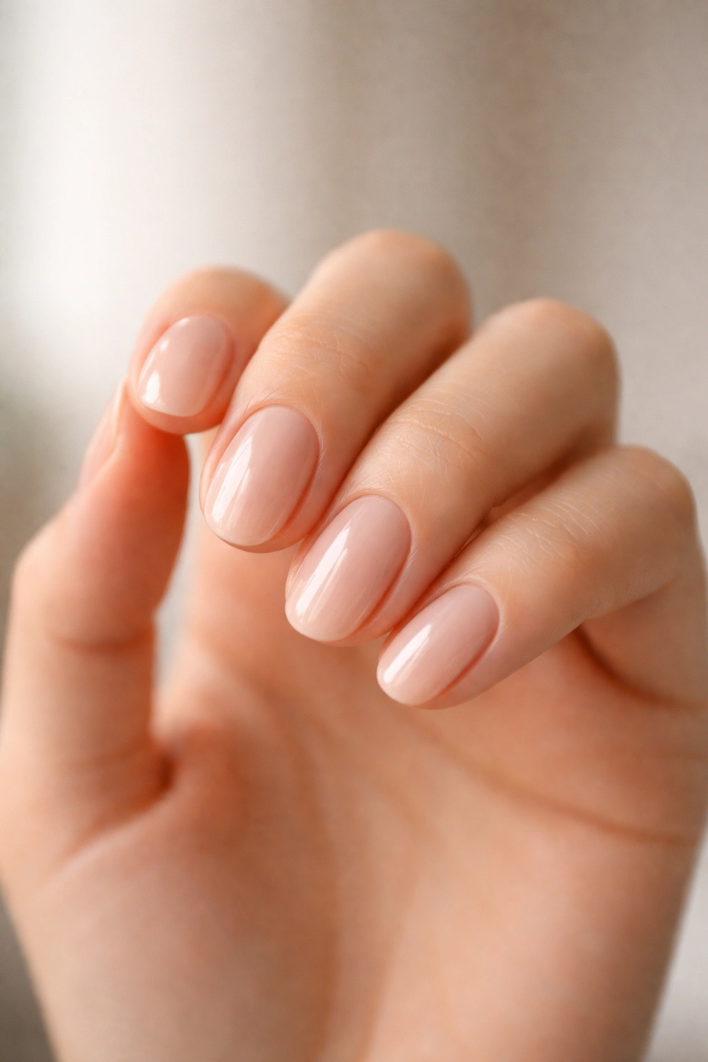 Close-up of short oval nails with a high-gloss minimalist finish