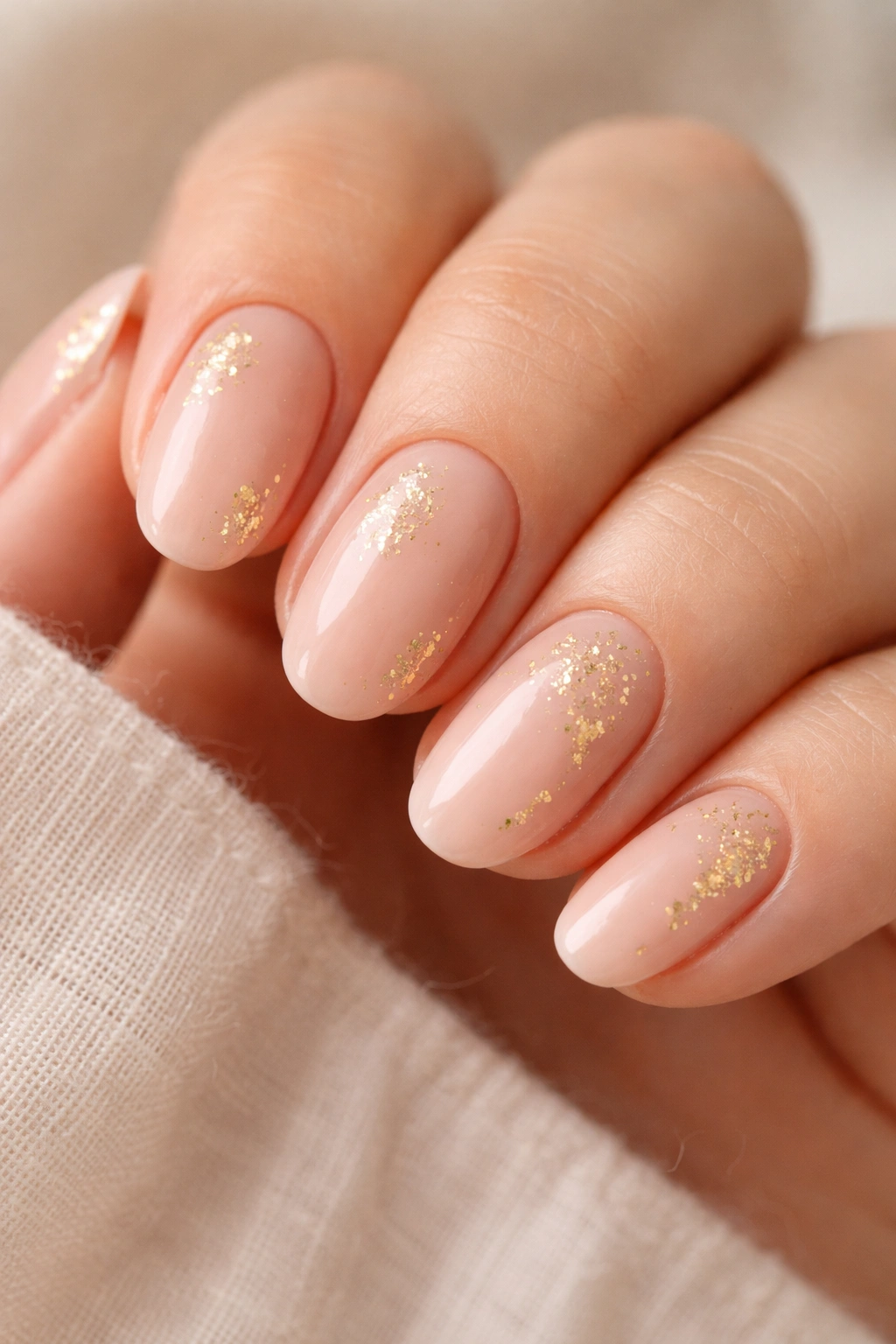 Close-up of short oval nails with nude base and gold foil accents
