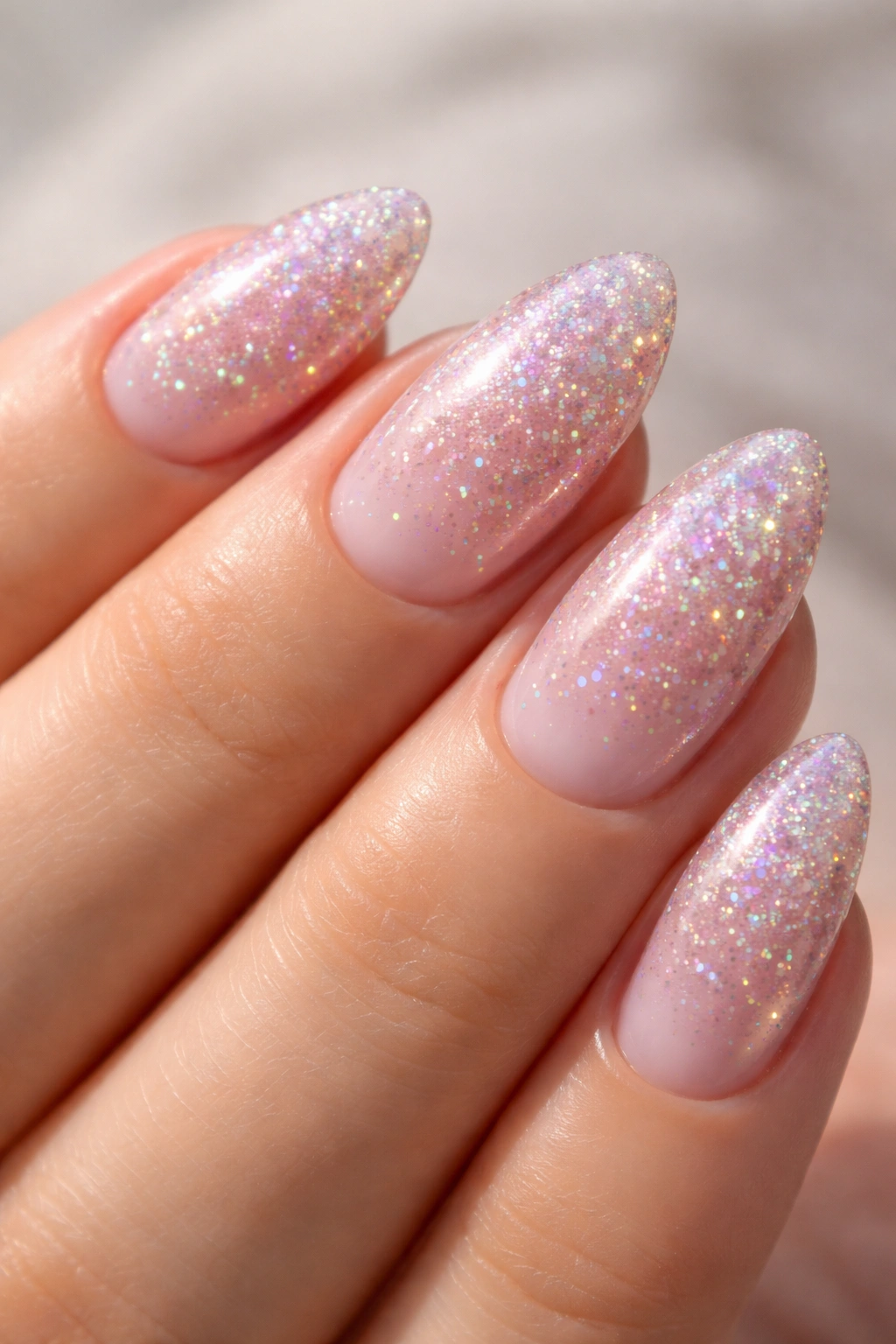 Close-up of milky pink nails with holographic glitter and rainbow reflections
