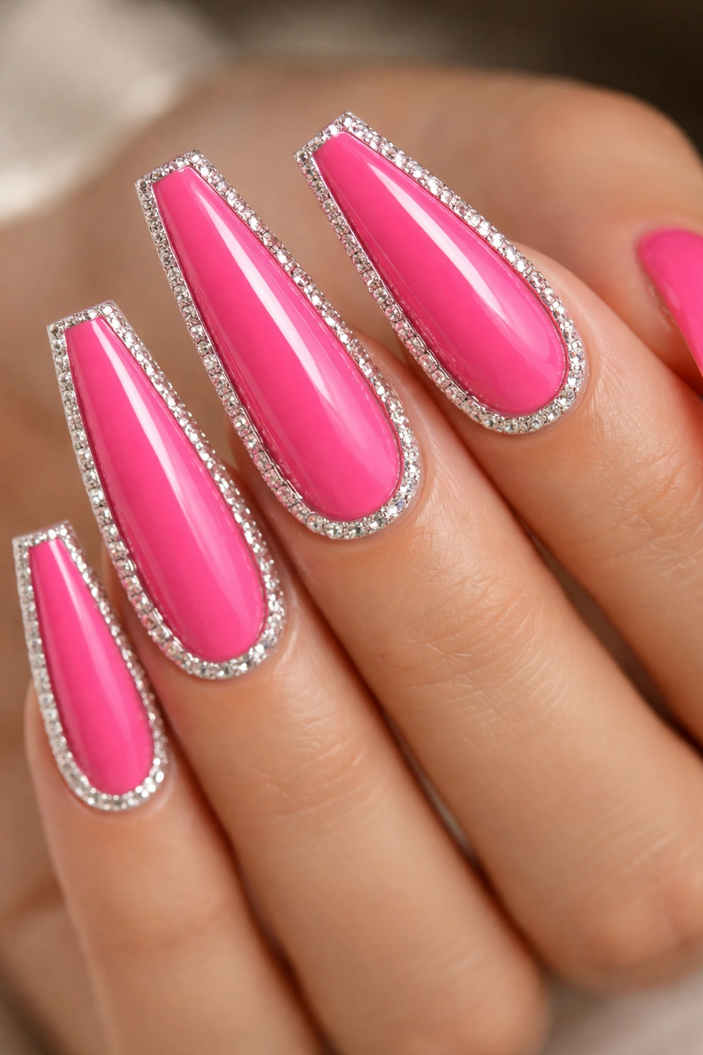 Hot pink nails outlined with a silver crystal frame for sharp definition.
