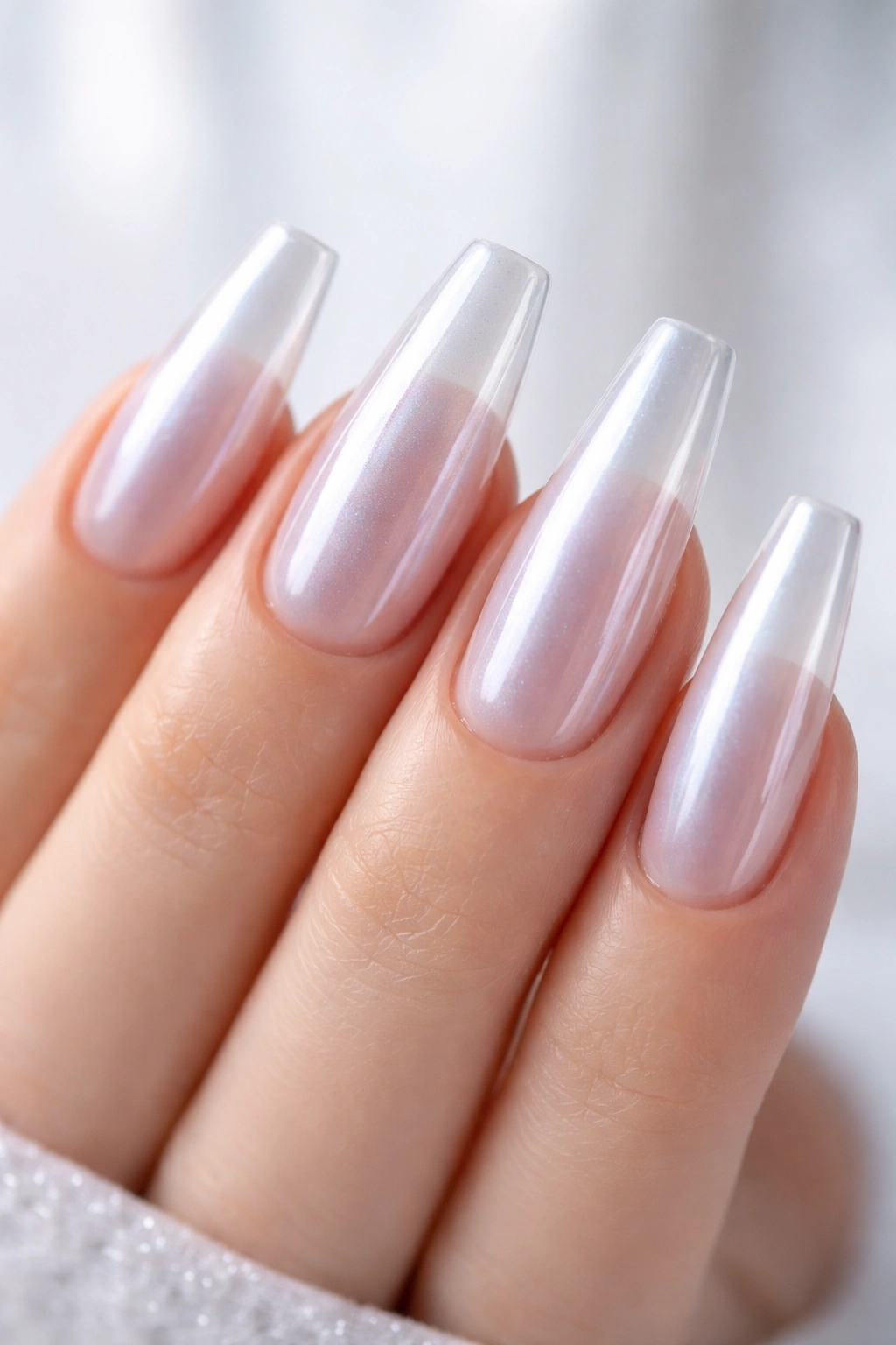 Close-up of clear nails with ice-chrome finish, soft iridescent glaze and cool daylight