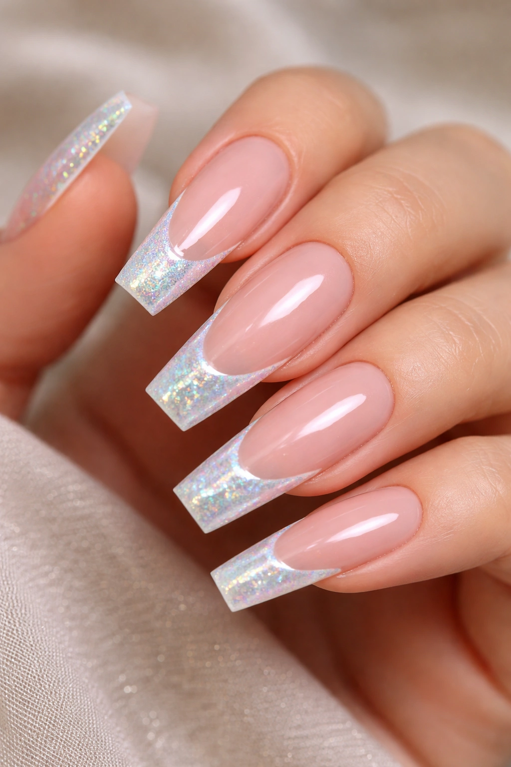 Nude nails with white tips and iridescent glitter that shifts colors