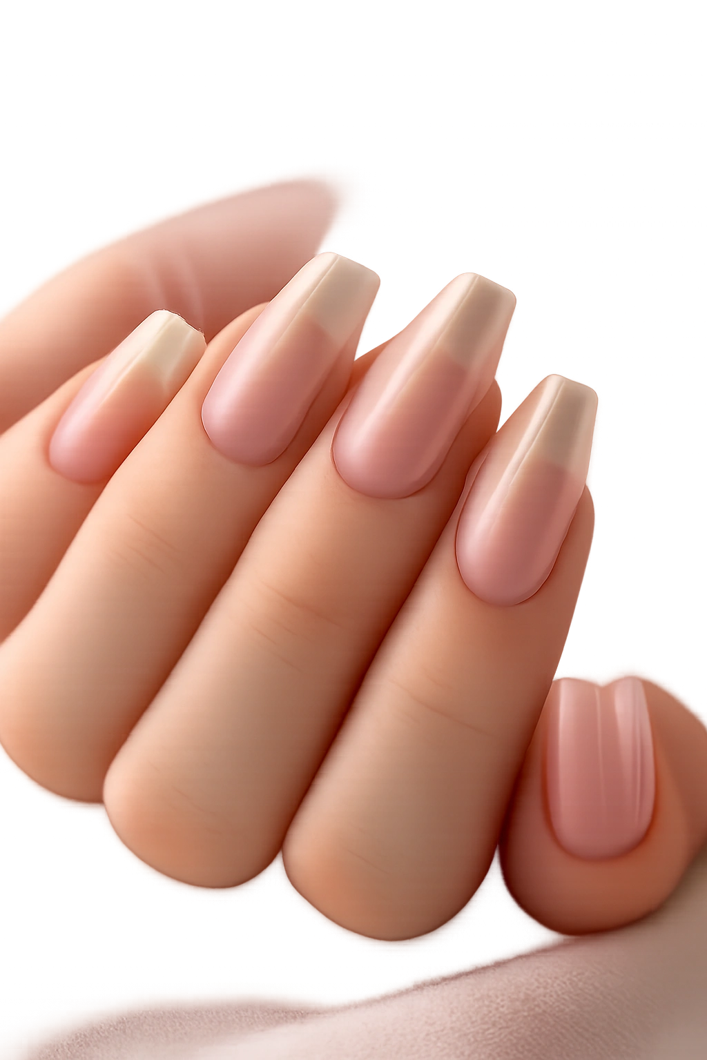 Close-up of jelly nude wash nails with translucent beige over clear base.