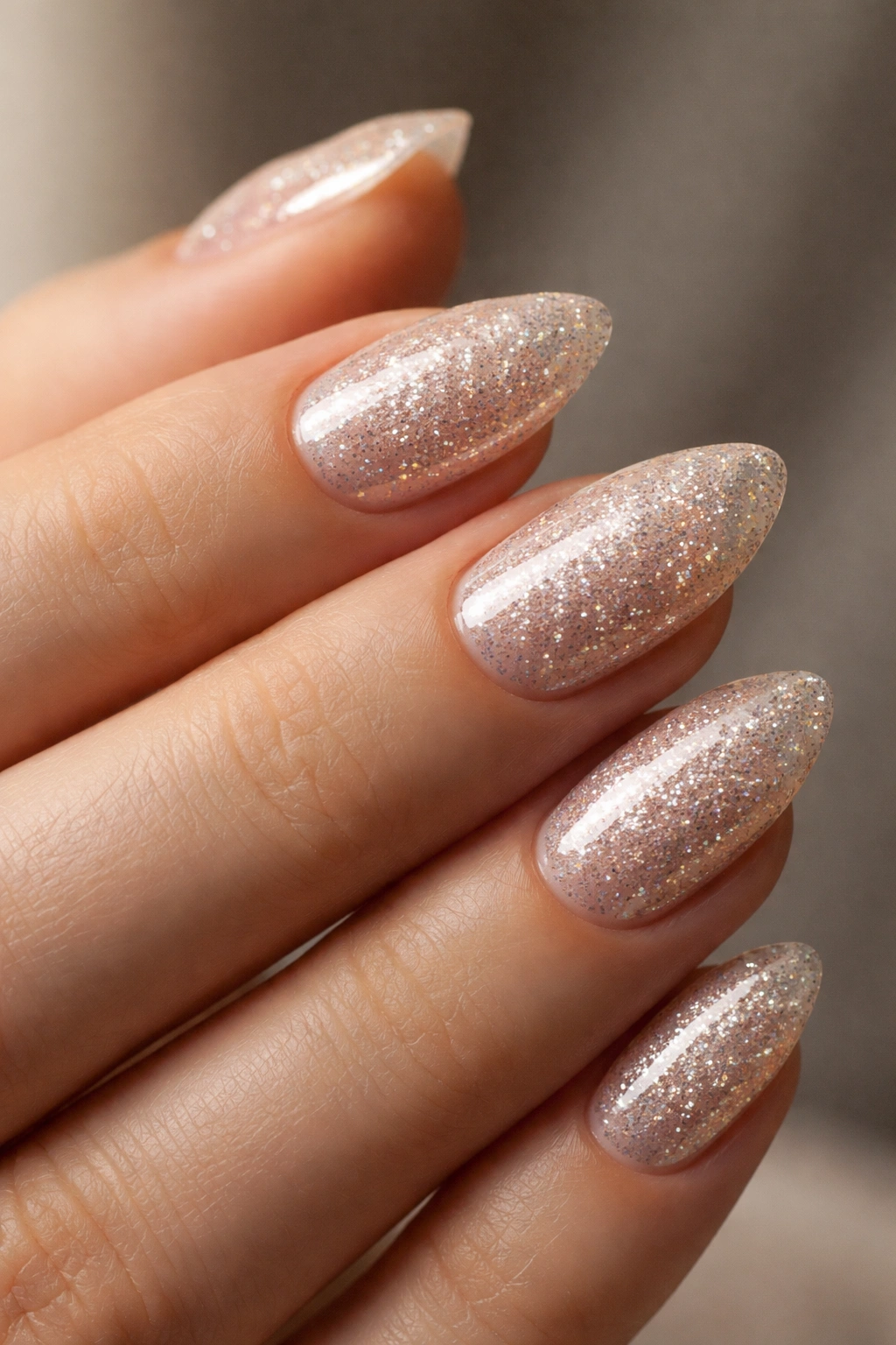 Close-up of durable glossy glitter nails on short almond nails