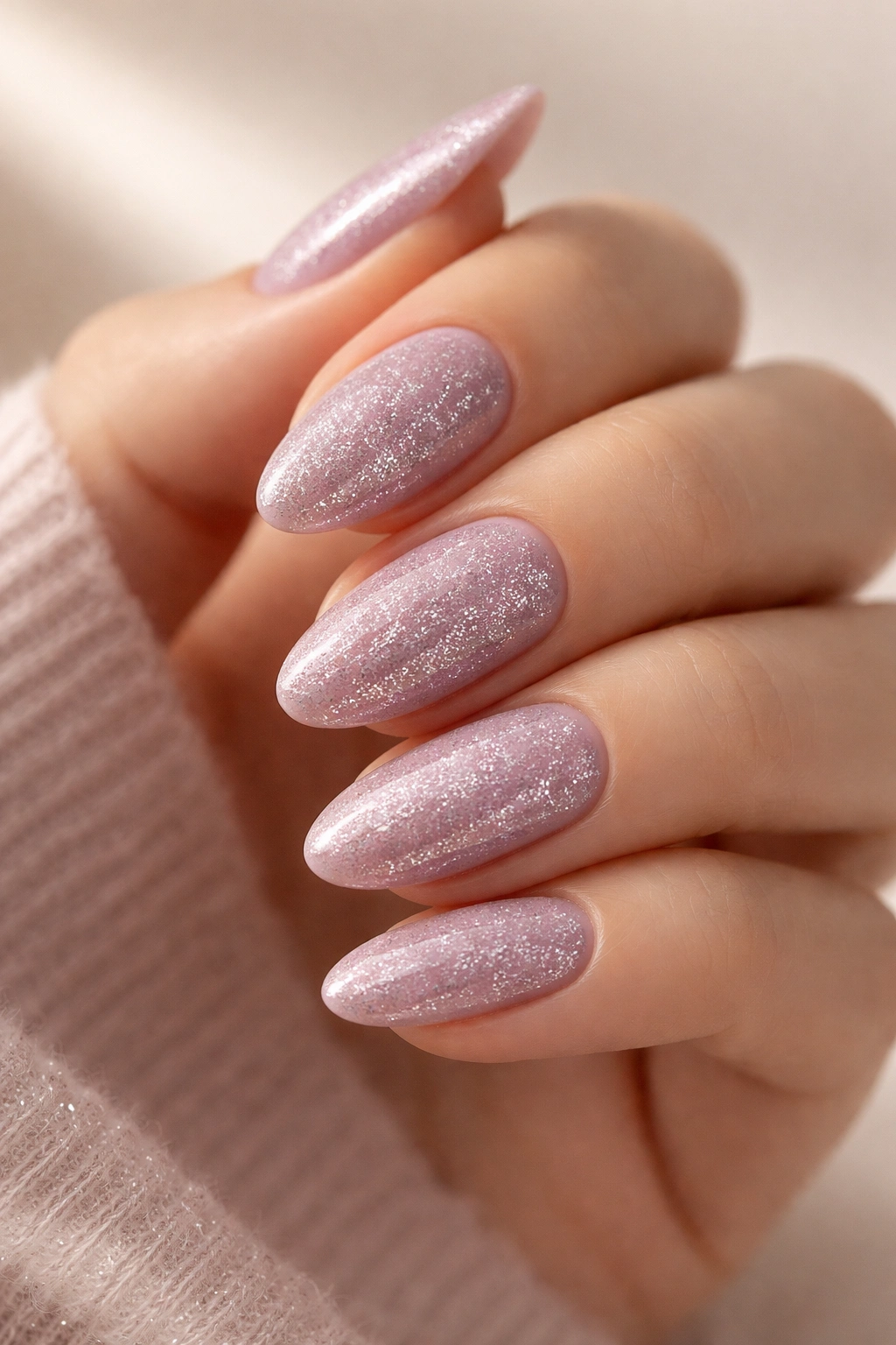 Close-up of dusty lavender glitter on short almond nails with soft lighting