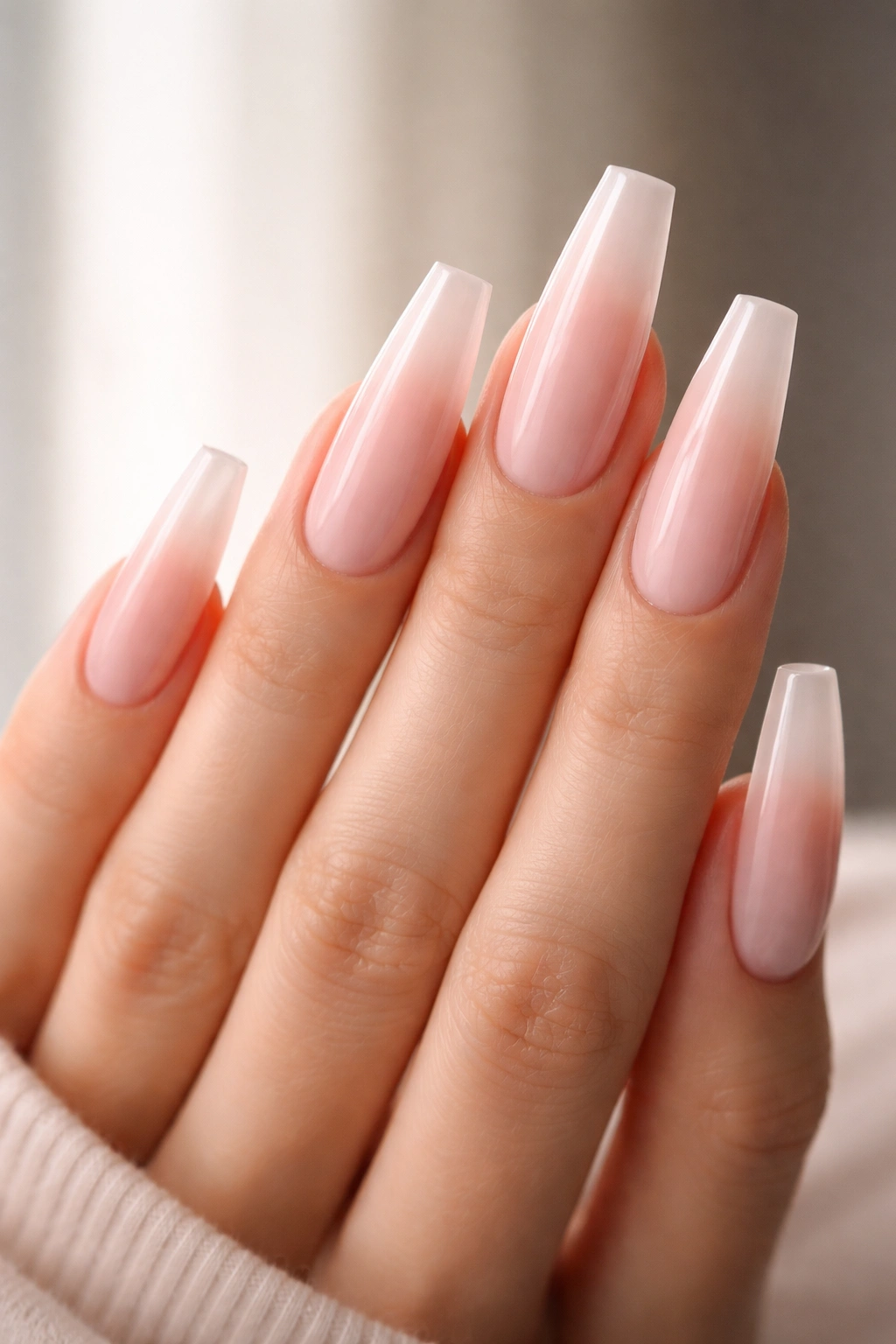 Close-up of long ballerina nails showing length beyond fingertips, straight sidewalls and flat tips