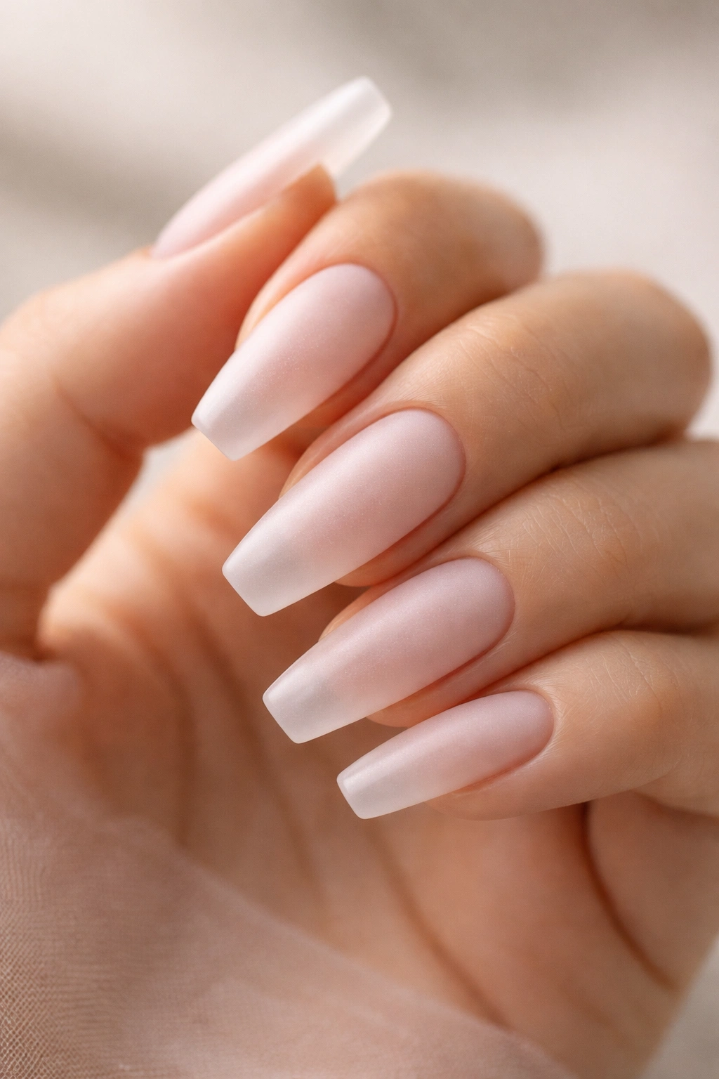 Close-up of frosted matte clear ballerina nails with a soft diffused finish.