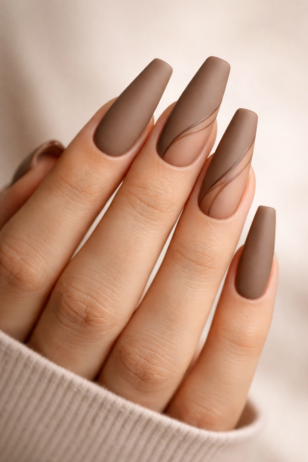 Matte mocha nails with brown contour lines on long ballerina shape