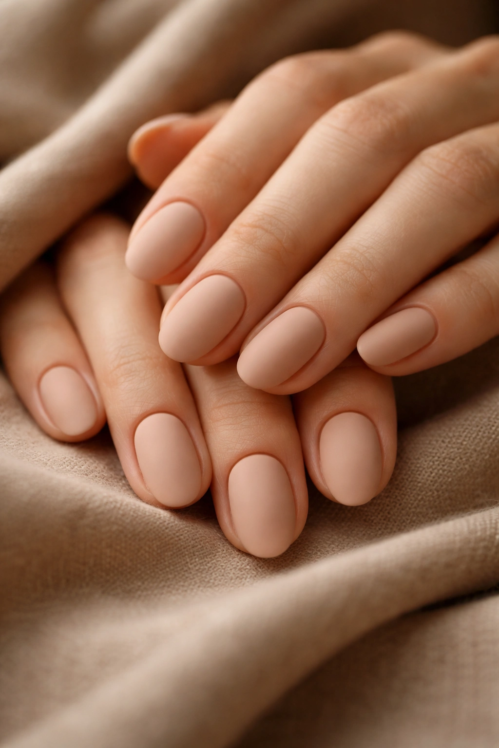 Matte nude oval nails with velvety texture on short nails