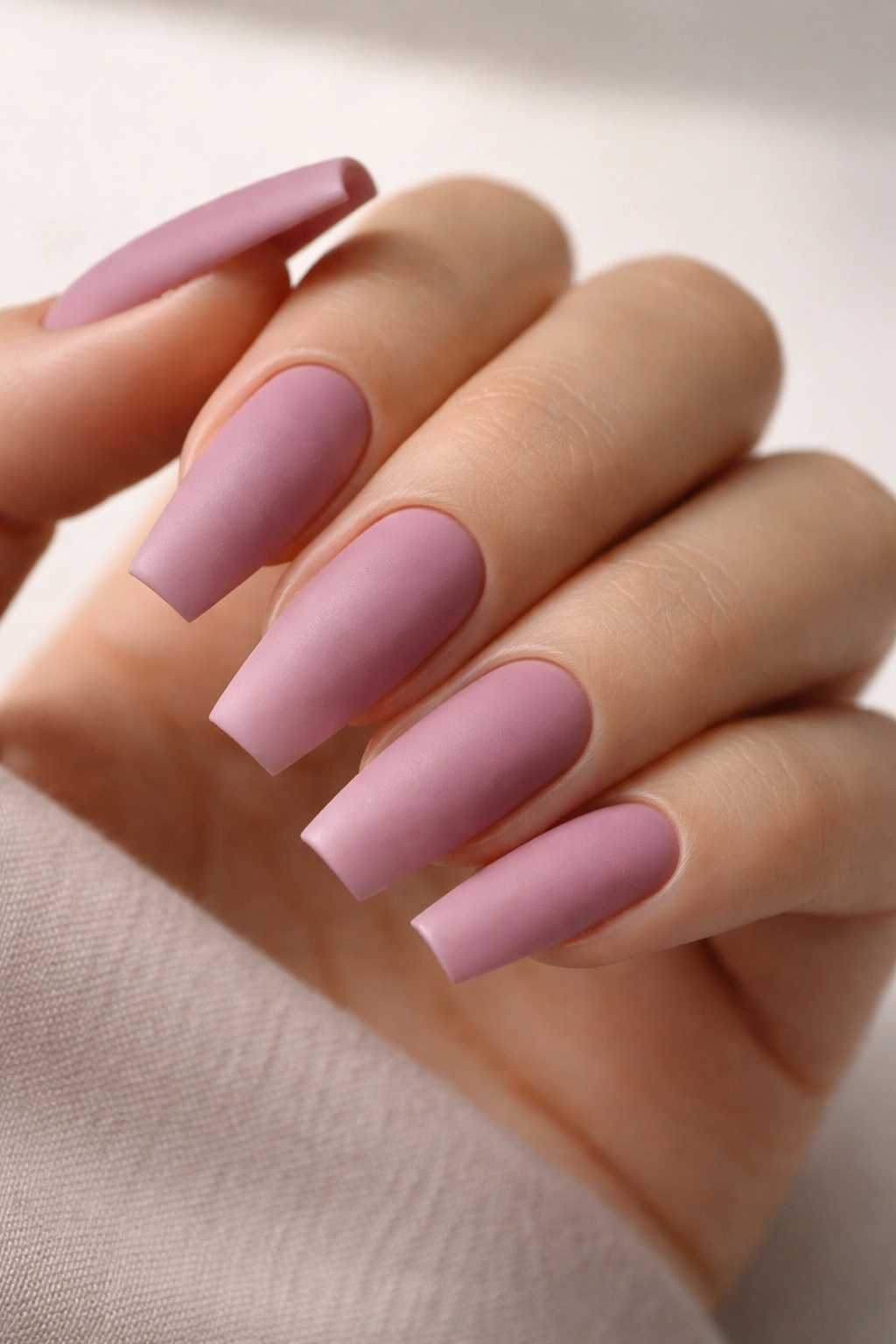 Medium-length matte mauve-pink ombre nails on ballerina shape