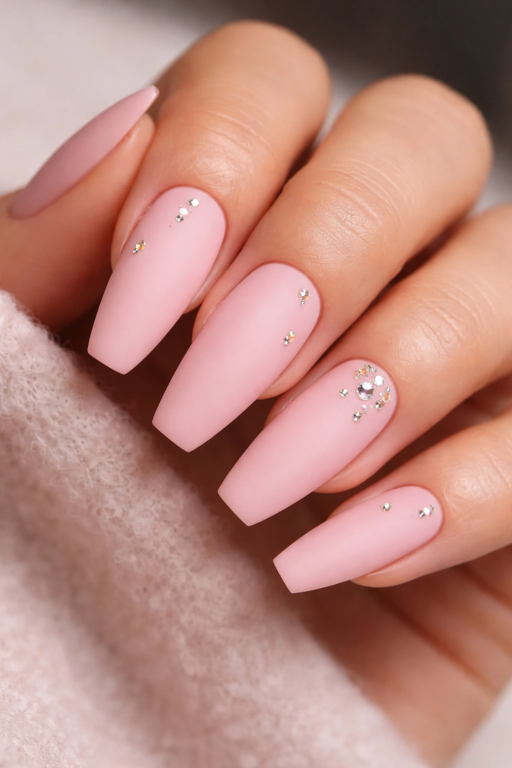 Close-up of matte pink nails with scattered tiny crystals on an elegant manicure.