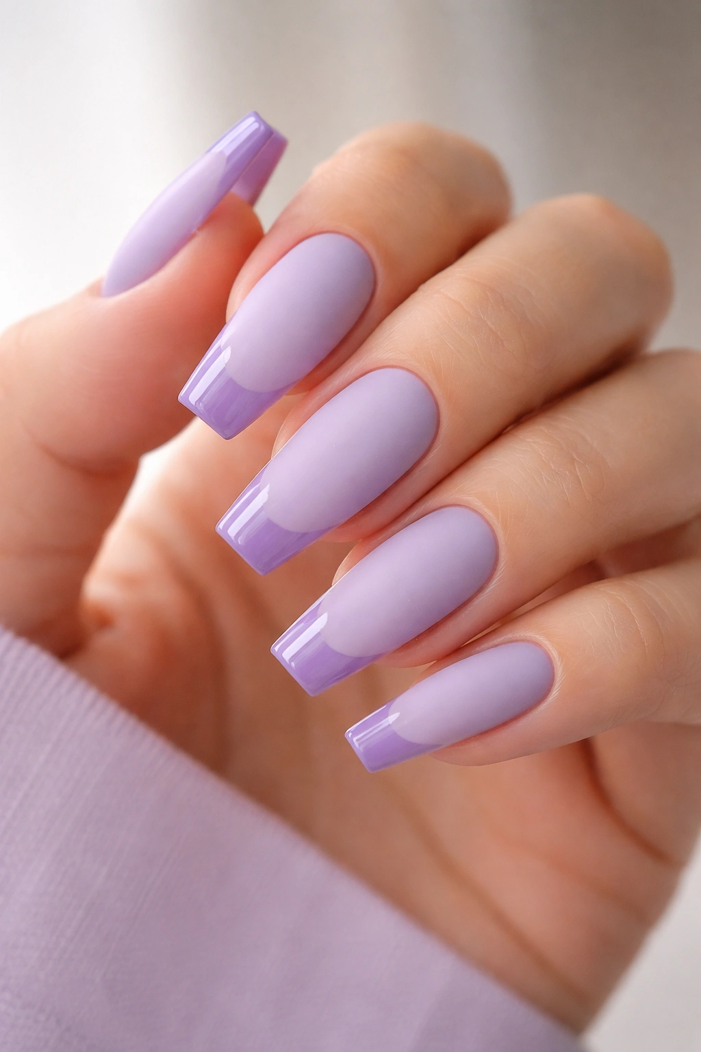 Matte wisteria nails with glossy tips showing texture contrast