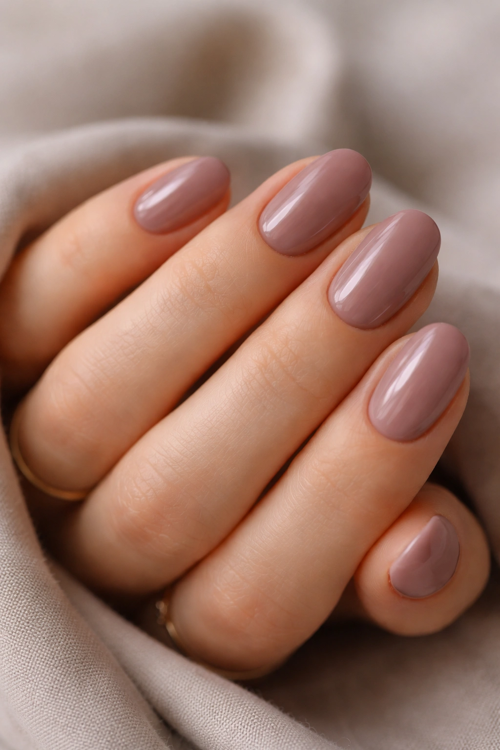 Close-up of short oval mauve neutral nails with a glossy finish