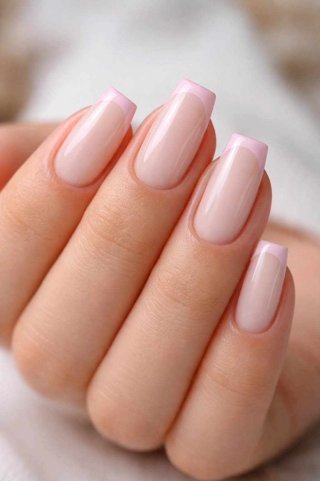 Close-up of short ballerina nails with a tiny baby pink micro French tip