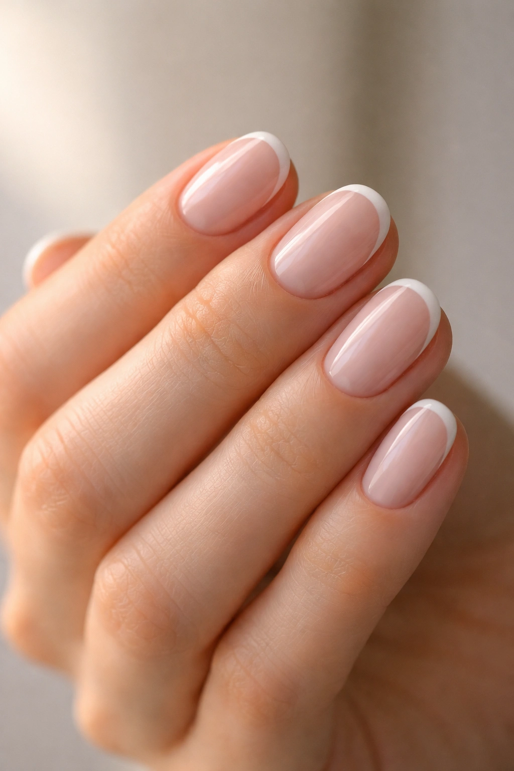 Close-up of short oval nails with micro French tip on a bare hand
