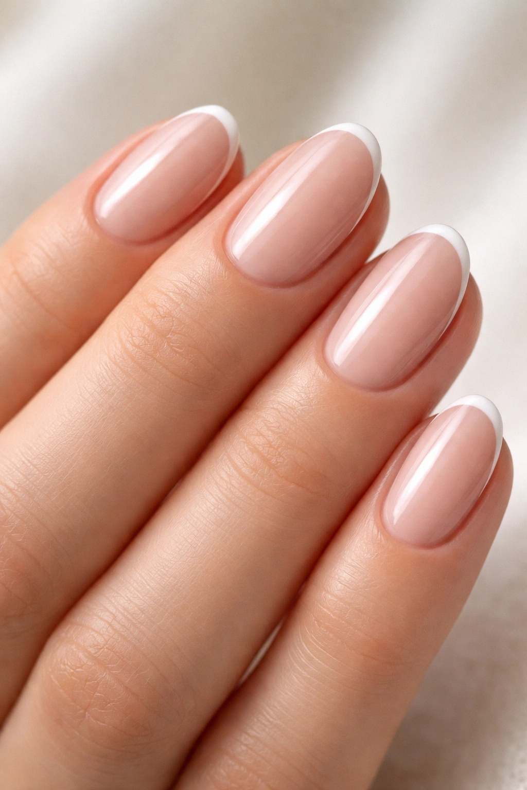 Close-up of short oval acrylic nails with a micro French tip on a pink nude base