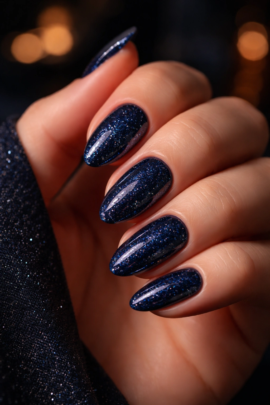 Midnight blue glitter nails on a glossy base