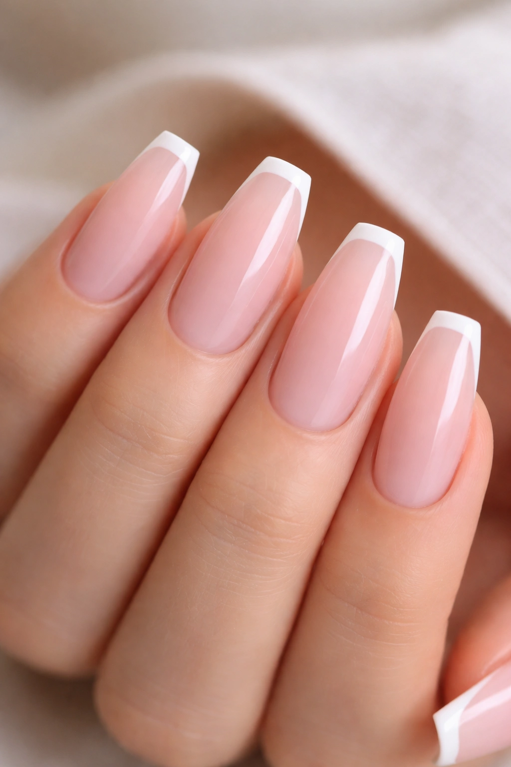 Milk pink nails with micro French tip on ballerina shape