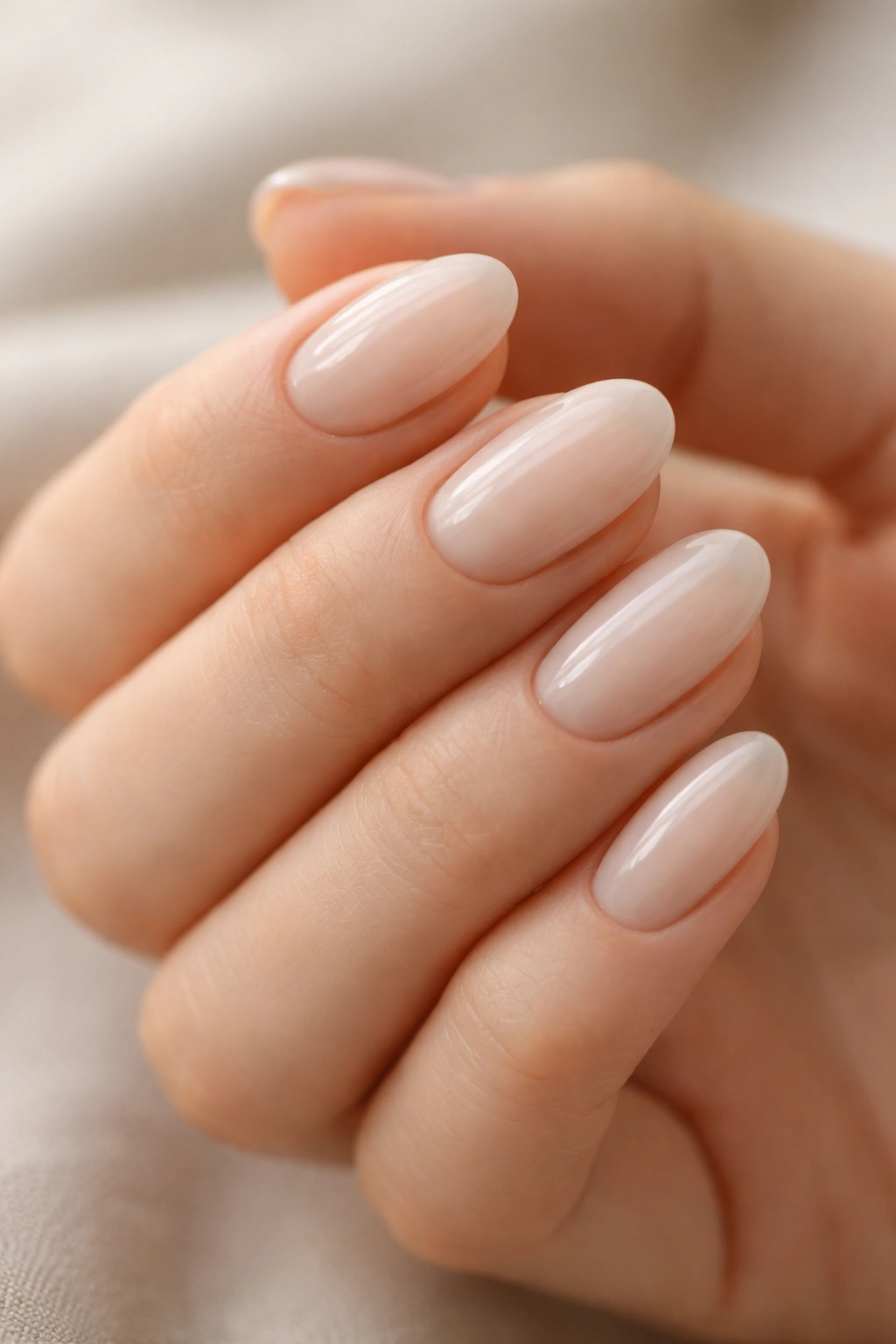 Close-up of short oval acrylic nails with a sheer milky overlay on a hand