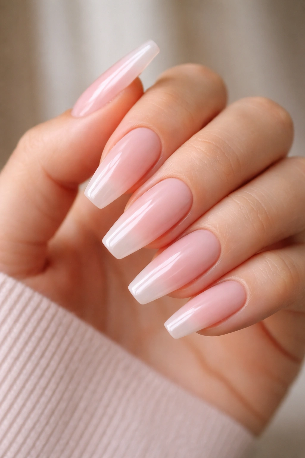 Close-up of sheer pink ballerina nails with milky cloudy finish on a neutral background