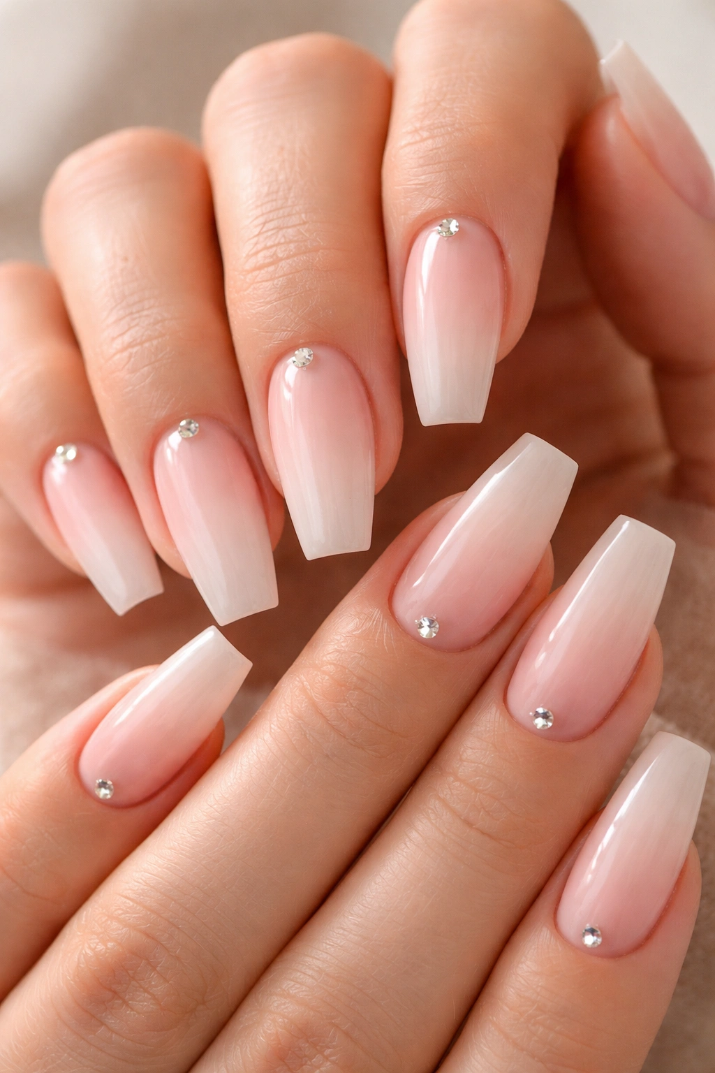 Close-up of milky pink ombre nails with tiny crystals near the cuticles on selected nails