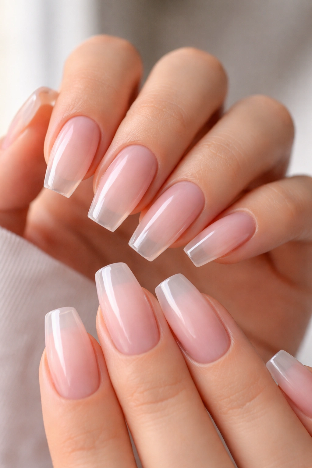 Milky pink nails with clearer tips in an ombré reverse gradient.