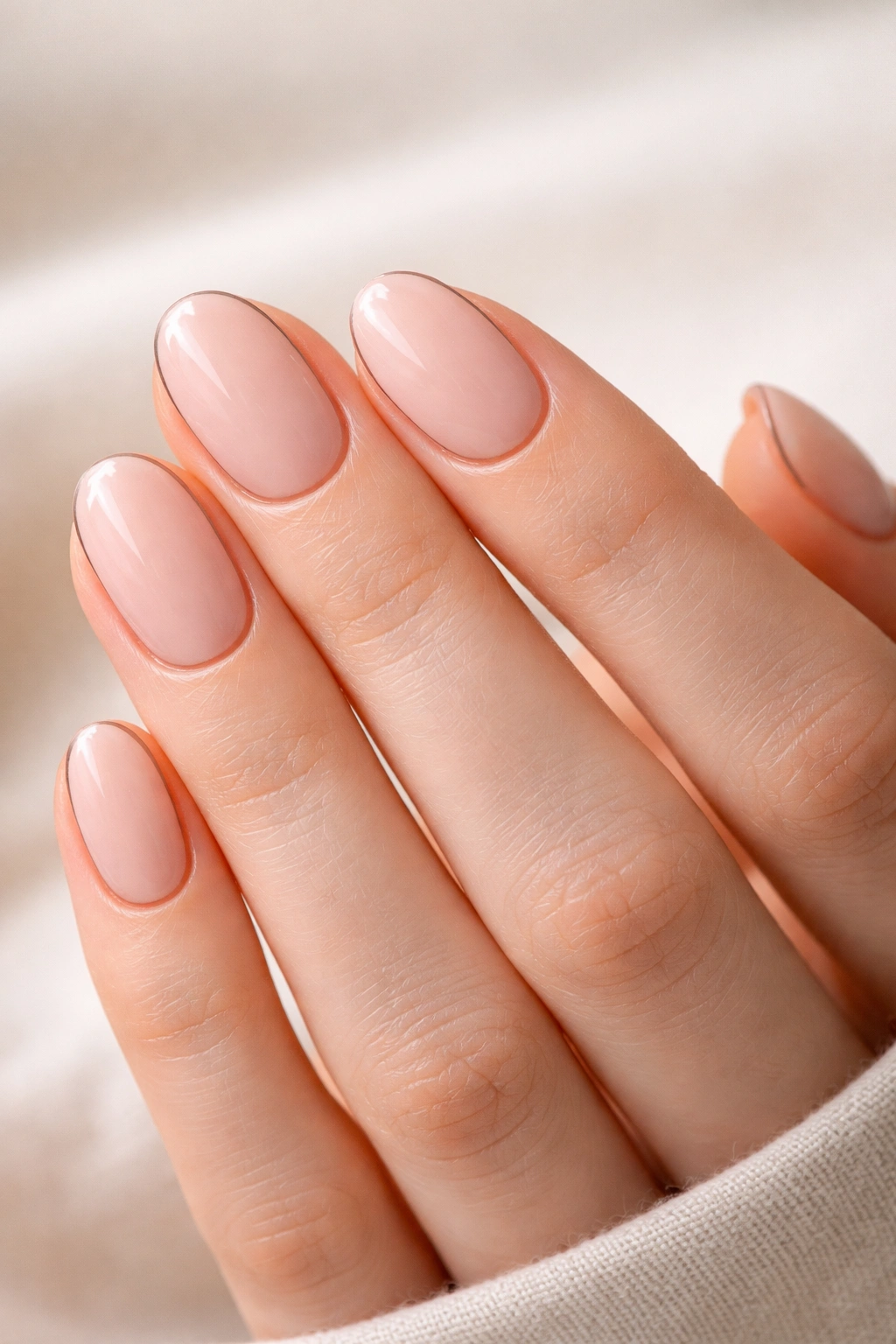 Milky pink nails with a thin edge outline on short ovals