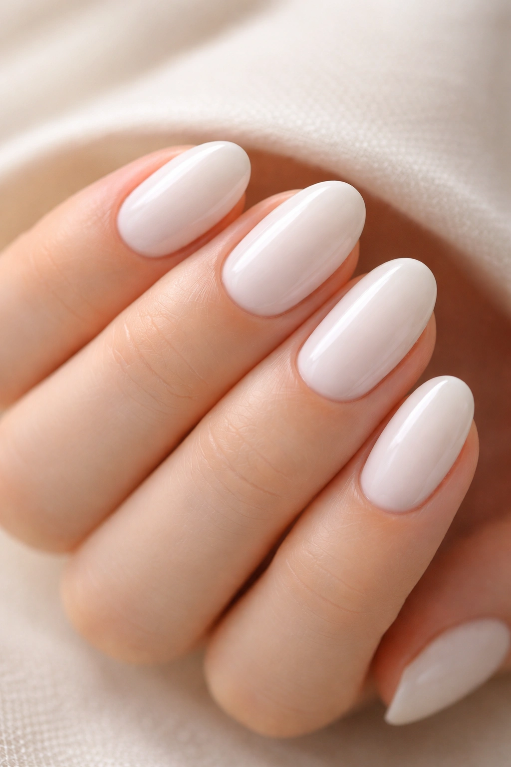 Close-up of short oval nails milky white with glossy finish