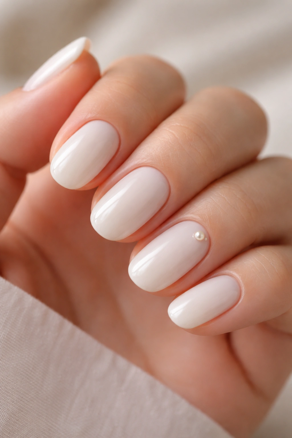 Milky white short oval nails with a single pearl accent nail